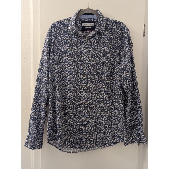 Zara Mens Slim Fit Floral Print Button-Up Long Sleeve Shirt Size L Blue & White - Picture 1 of 5